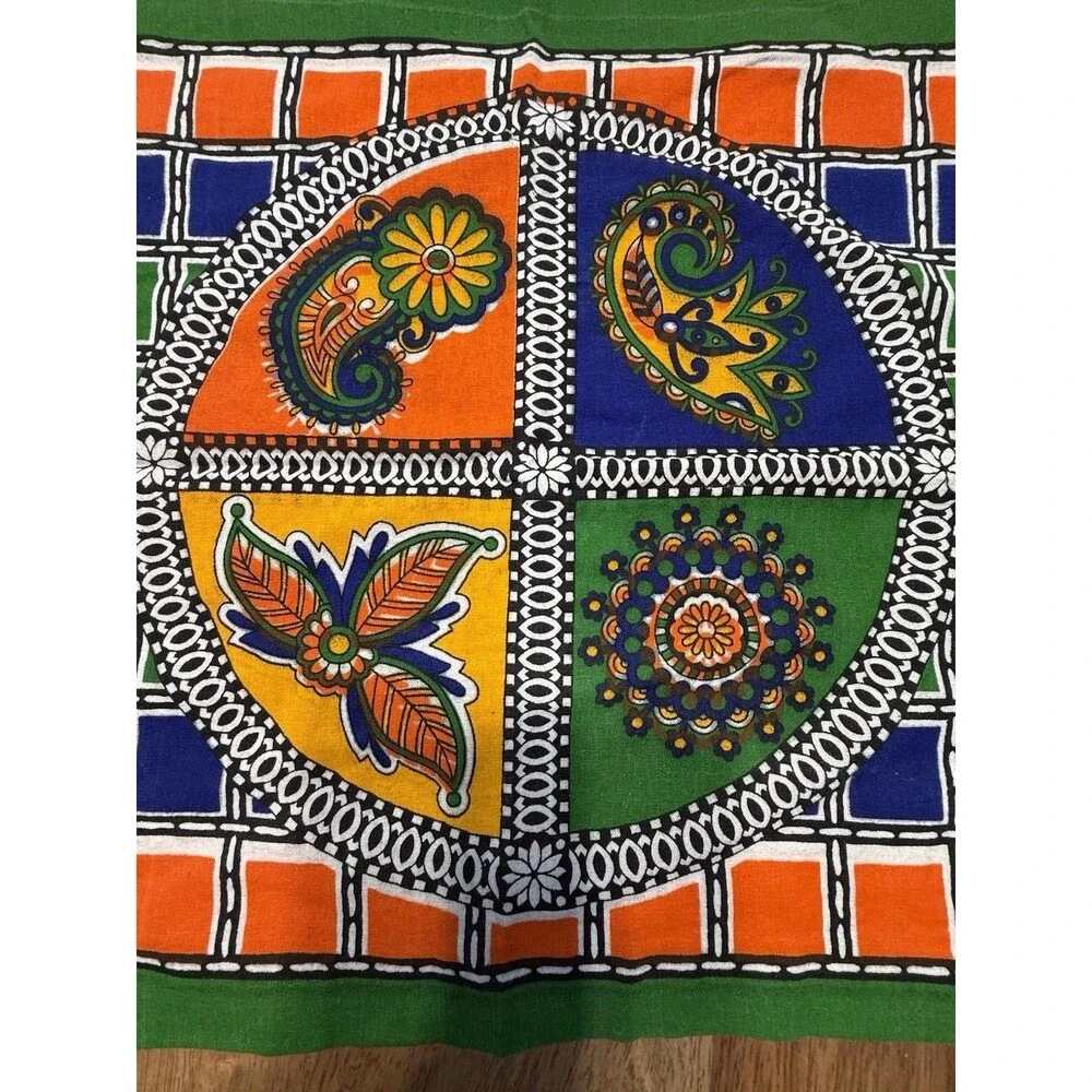 Vintage 1970s Boho Pillowcases Pair Green Orange Maximalist Mod Retro Hippie